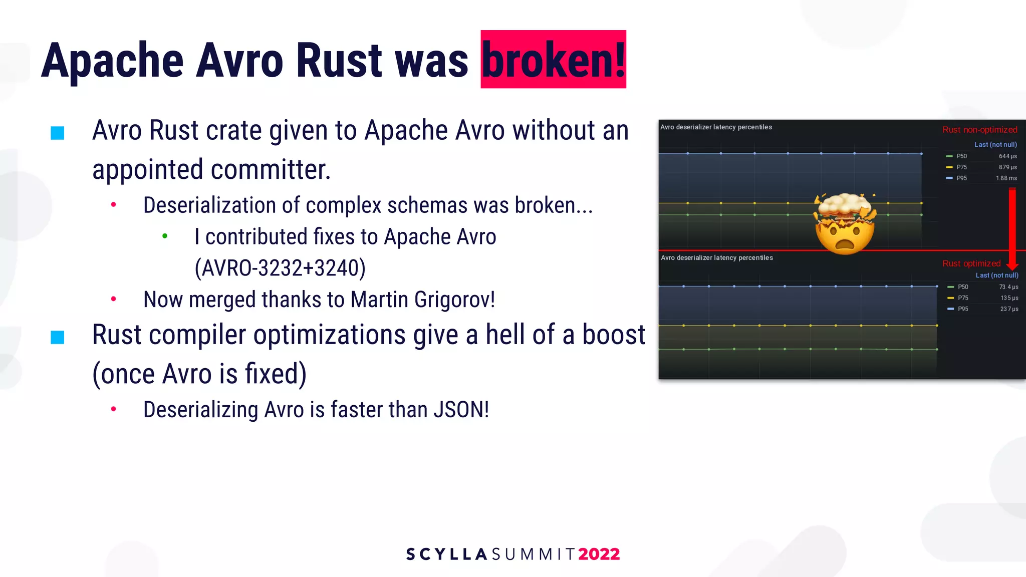 Apache Avro Rust was broken!
■ Avro Rust crate given to Apache Avro without an
appointed committer.
• Deserialization of complex schemas was broken...
• I contributed ﬁxes to Apache Avro
(AVRO-3232+3240)
• Now merged thanks to Martin Grigorov!
■ Rust compiler optimizations give a hell of a boost
(once Avro is ﬁxed)
• Deserializing Avro is faster than JSON!
 