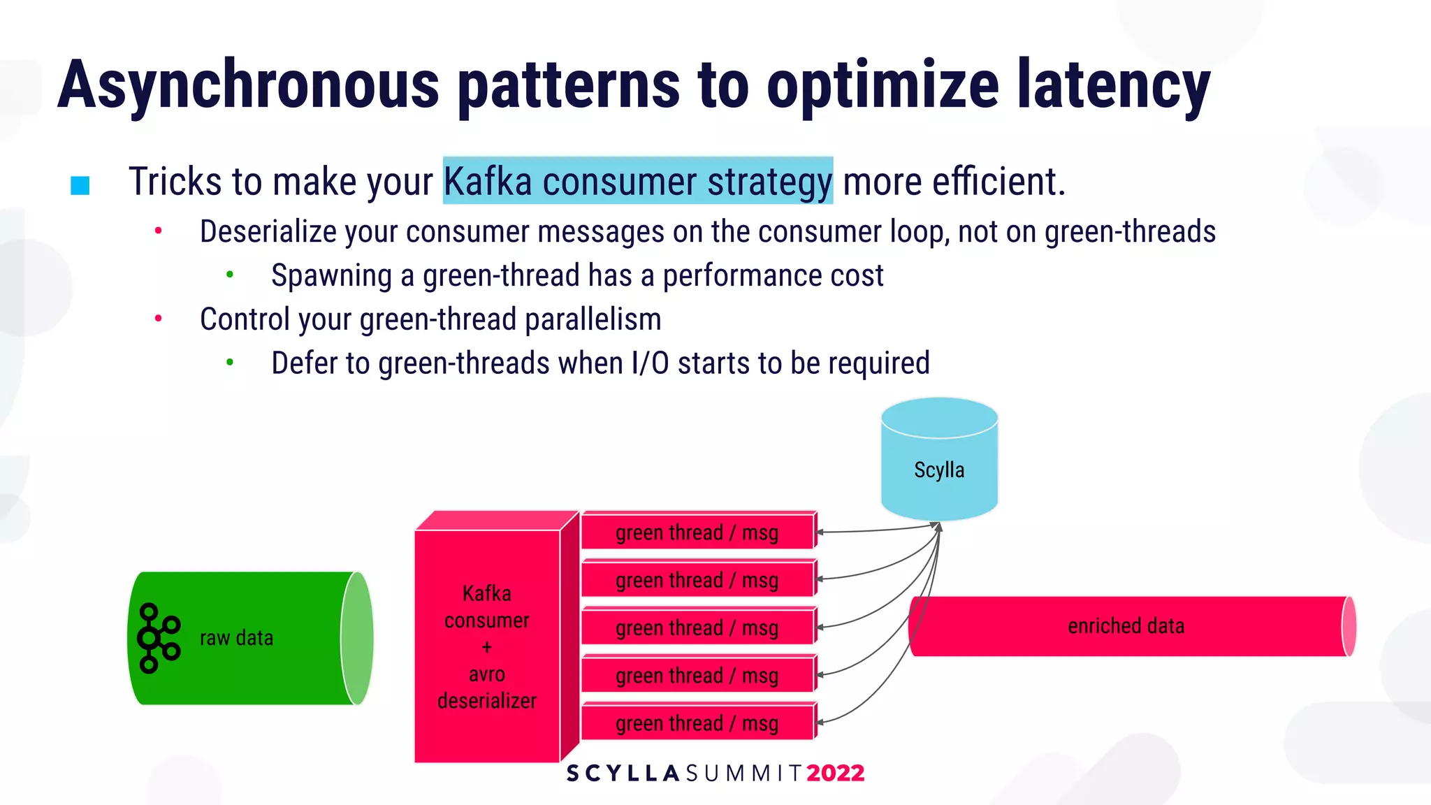 green thread / msg
Asynchronous patterns to optimize latency
■ Tricks to make your Kafka consumer strategy more eﬃcient.
• Deserialize your consumer messages on the consumer loop, not on green-threads
• Spawning a green-thread has a performance cost
• Control your green-thread parallelism
• Defer to green-threads when I/O starts to be required
Kafka
consumer
+
avro
deserializer
raw data
green thread / msg
green thread / msg
green thread / msg
green thread / msg
Scylla
enriched data
 