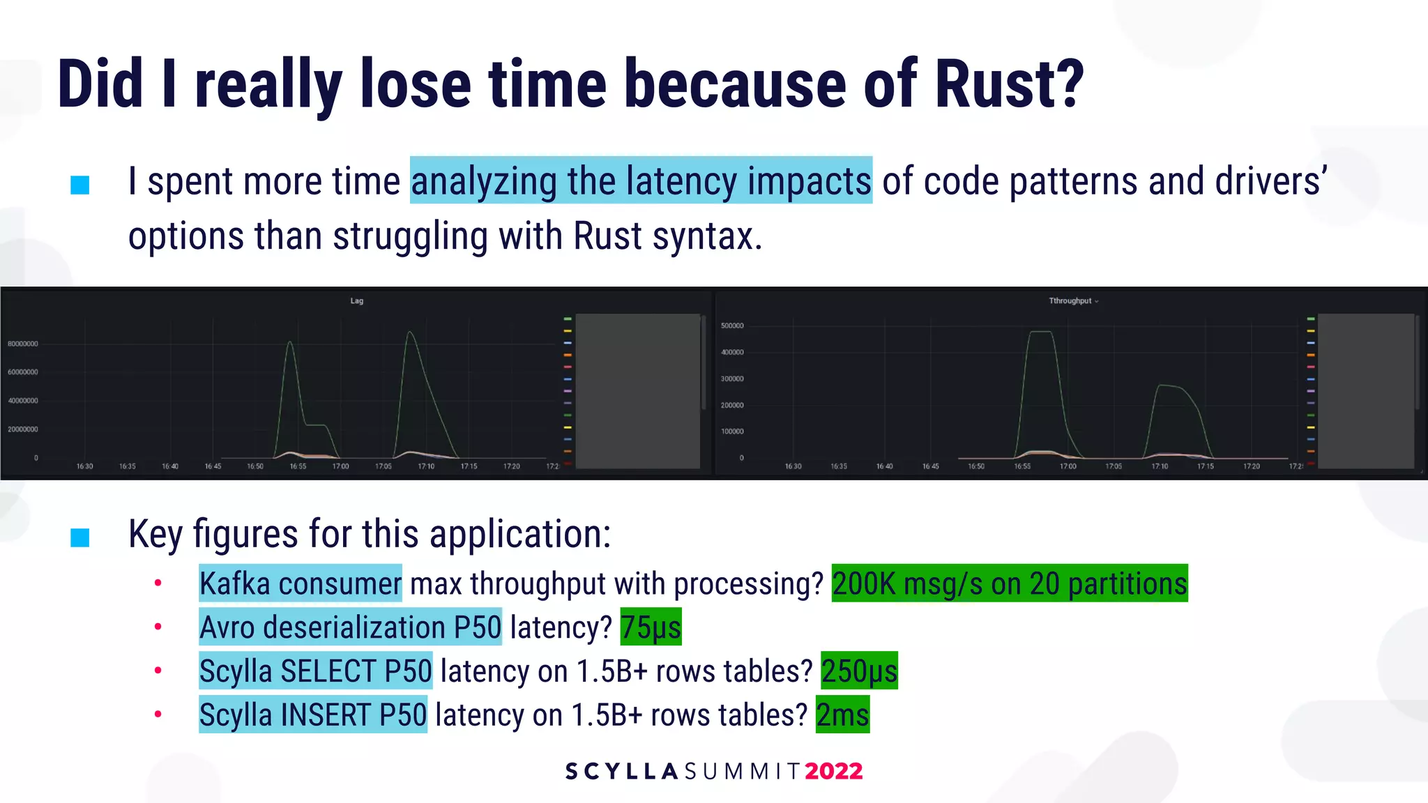 Did I really lose time because of Rust?
■ I spent more time analyzing the latency impacts of code patterns and drivers’
options than struggling with Rust syntax.
■ Key ﬁgures for this application:
• Kafka consumer max throughput with processing? 200K msg/s on 20 partitions
• Avro deserialization P50 latency? 75µs
• Scylla SELECT P50 latency on 1.5B+ rows tables? 250µs
• Scylla INSERT P50 latency on 1.5B+ rows tables? 2ms
 