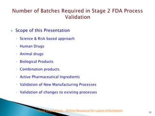  Scope of this Presentation
◦ Science & Risk based approach
◦ Human Drugs
◦ Animal drugs
◦ Biological Products
◦ Combination products
◦ Active Pharmaceutical Ingredients
◦ Validation of New Manufacturing Processes
◦ Validation of changes to existing processes
10
Drug Regulations : Online Resource for Latest Information
 