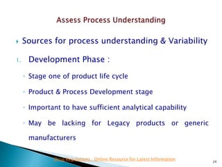  Sources for process understanding & Variability
1. Development Phase :
◦ Stage one of product life cycle
◦ Product & Process Development stage
◦ Important to have sufficient analytical capability
◦ May be lacking for Legacy products or generic
manufacturers
24
Drug Regulations : Online Resource for Latest Information
 