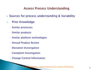  Sources for process understanding & Variability
2. Prior Knowledge:
◦ Similar processes
◦ Similar products
◦ Similar platform technologies
◦ Annual Product Review
◦ Deviation Investigation
◦ Complaint Investigation
◦ Change Control Information
25
Drug Regulations : Online Resource for Latest Information
 