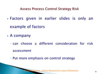 Factors given in earlier slides is only an
example of factors
 A company
◦ can choose a different consideration for risk
assessment
◦ Put more emphasis on control strategy
36
Drug Regulations : Online Resource for Latest Information
 