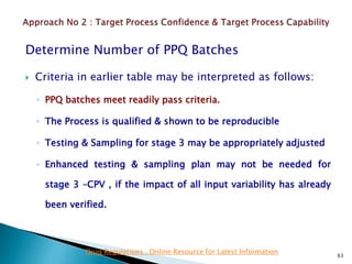 Determine Number of PPQ Batches
 Criteria in earlier table may be interpreted as follows:
◦ PPQ batches meet readily pass criteria.
◦ The Process is qualified & shown to be reproducible
◦ Testing & Sampling for stage 3 may be appropriately adjusted
◦ Enhanced testing & sampling plan may not be needed for
stage 3 –CPV , if the impact of all input variability has already
been verified.
63
Drug Regulations : Online Resource for Latest Information
 