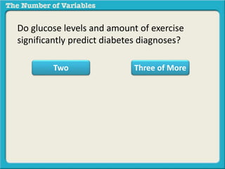 Do glucose levels and amount of exercise
significantly predict diabetes diagnoses?
Two Three of More
 