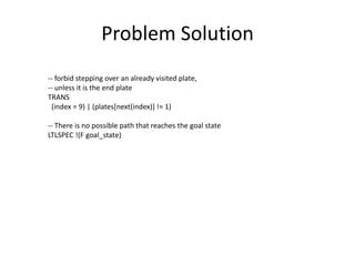 Problem Solution
-- forbid stepping over an already visited plate,
-- unless it is the end plate
TRANS
(index = 9) | (plates[next(index)] != 1)
-- There is no possible path that reaches the goal state
LTLSPEC !(F goal_state)
 