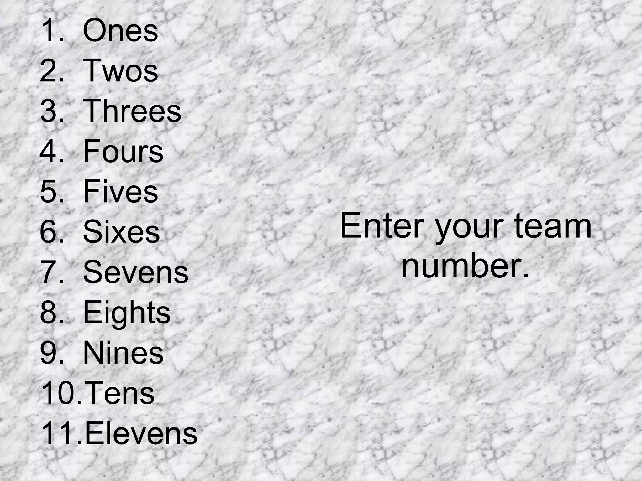 Enter your team number. Ones Twos Threes Fours Fives Sixes Sevens Eights Nines Tens Elevens 