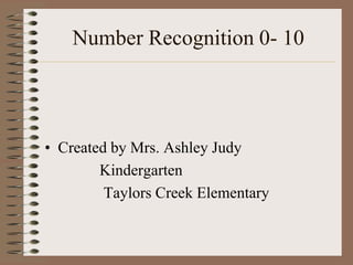 Number Recognition 0- 10 Created by Mrs. Ashley Judy              Kindergarten                Taylors Creek Elementary 