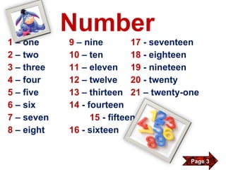 Number 1  – one 9  – nine 17  - seventeen 2  – two 10  – ten 18  - eighteen 3  – three 11  – eleven 19  - nineteen 4  – four 12  – twelve 20  - twenty 5  – five 13  – thirteen 21  – twenty-one 6  – six 14  - fourteen 7  – seven 15  - fifteen 8  – eight 16  - sixteen Page 3 
