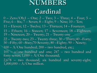 NUMBERS
                 Cardinal
0 – Zero/Oh;1 – One; 2 – Two; 3 – Three; 4 – Four; 5 –
Five; 6 – Six; 7 – Seven; 8 – Eight; 9 – Nine; 10 – Ten;
11 – Eleven; 12 – Twelve; 13 – Thirteen; 14 – Fourteen;
15 – Fifteen; 16 – Sixteen; 17 – Seventeen; 18 – Eighteen;
19 – Nineteen; 20 – Twenty; 21 – Twenty-one
22 – Twenty-two; 23 – Twenty-three; 30 – Thirty;40 –Forty;
50 –Fifty; 60 –Sixty;70-Seventy; 80 –Eighty; 90 – Ninety;
100 – A/One hundred; 200 – two hundred, etc.;
101 – a/one hundred and one; 247 – two hundred and
forty-seven; 1,000 – A/One thousand;
2,678 – two thousand, six hundred and seventy-eight;
1,000,000 – A/One million.
 