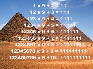 1 x 9 + 2 = 11 12 x 9 + 3 = 111 123 x 9 + 4 = 1111 1234 x 9 + 5 = 11111 12345 x 9 + 6 = 111111 123456 x 9 + 7 = 1111111 1234567 x 9 + 8 = 11111111 12345678 x 9 + 9 = 111111111  123456789 x 9 +10= 1111111111 