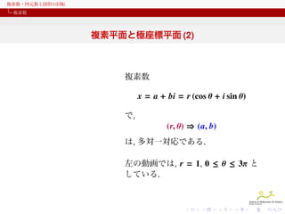 複素数・四元数と図形の回転
複素数

複素平面と極座標平面 (2)

複素数

x = a + bi = r (cos θ + i sin θ)
で,

(r, θ) ⇒ (a, b)
は, 多対一対応である.
左の動画では, r = 1, 0 ≤ θ ≤ 3π と
している.

 