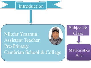Nilofar Yeasmin
Assistant Teacher
Pre-Primary
Cambrian School & College
Introduction
Subject &
Class
Mathematics
K.G
 