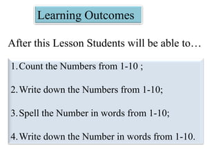Learning Outcomes
After this Lesson Students will be able to…
1.Count the Numbers from 1-10 ;
2.Write down the Numbers from 1-10;
3.Spell the Number in words from 1-10;
4.Write down the Number in words from 1-10.
 