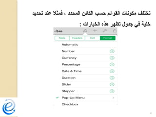 4
‫تحديد‬ ‫عند‬ ‫فمثل‬ ، ‫المحدد‬ ‫الكائن‬ ‫حسب‬ ‫القوائم‬ ‫مكونات‬ ‫تختلف‬
: ‫الخيارات‬ ‫هذه‬ ‫تظهر‬ ‫جدول‬ ‫في‬ ‫خلية‬
 