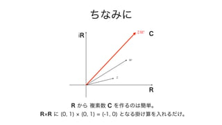 ちなみに
R から 複素数 C を作るのは簡単。
R R に (0, 1) (0, 1) = (-1, 0) となる掛け算を入れるだけ。
R
iR C
z
w
zw
 