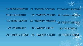 17 SEVENTEENTH
18 EIGHTEENTH
19 NINETEENTH
20 TWENTIETH
21 TWENTY FIRST
22 TWENTY SECOND
23 TWENTY THIRD
24 TWENTY FOURTH
25 TWENTY FIFTH
26 TWENTY SIXTH
27 TWENTY SEVENTH
28 TWENTY EIGHTH
29 TWENTY NINETH
30 THIRTIETH
31 THIRTY FIRST
 