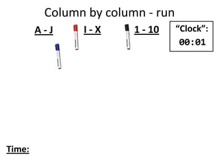 A - J I - X 1 - 10
Time:
“Clock”:
00:01
Column by column - run
 