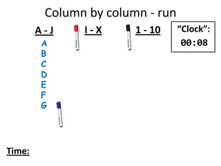 A
B
C
D
E
F
G
A - J I - X 1 - 10
Time:
“Clock”:
00:08
Column by column - run
 