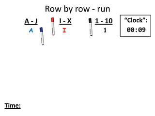Row by row - run
A I 1
A - J I - X 1 - 10
Time:
“Clock”:
00:09
 