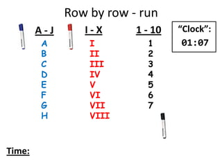Row by row - run
A
B
C
D
E
F
G
H
I
II
III
IV
V
VI
VII
VIII
1
2
3
4
5
6
7
A - J I - X 1 - 10
Time:
“Clock”:
01:07
 
