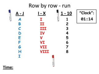 Row by row - run
A
B
C
D
E
F
G
H
I
I
II
III
IV
V
VI
VII
VIII
1
2
3
4
5
6
7
8
A - J I - X 1 - 10
Time:
“Clock”:
01:14
 