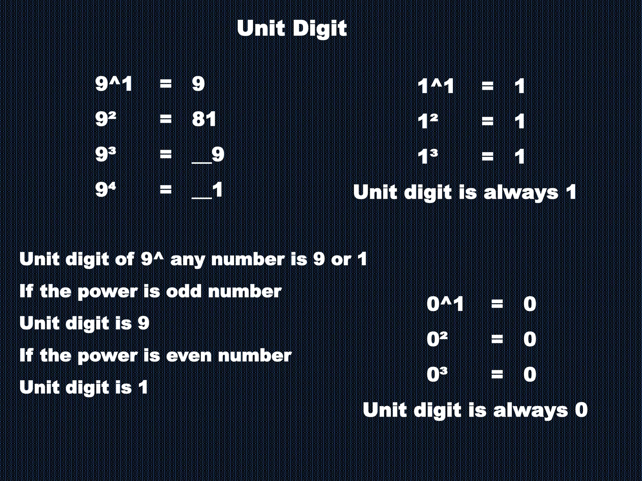 9^1 = 9
9² = 81
9³ = __9
9⁴ = __1
Unit Digit
Unit digit of 9^ any number is 9 or 1
If the power is odd number
Unit digit is 9
If the power is even number
Unit digit is 1
1^1 = 1
1² = 1
1³ = 1
Unit digit is always 1
0^1 = 0
0² = 0
0³ = 0
Unit digit is always 0
 