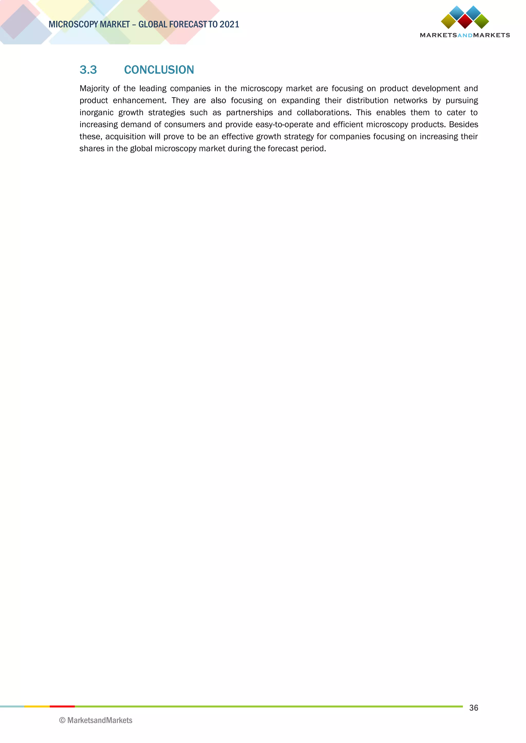 36
MICROSCOPY MARKET – GLOBAL FORECAST TO 2021
© MarketsandMarkets
3.3 CONCLUSION
Majority of the leading companies in the microscopy market are focusing on product development and
product enhancement. They are also focusing on expanding their distribution networks by pursuing
inorganic growth strategies such as partnerships and collaborations. This enables them to cater to
increasing demand of consumers and provide easy-to-operate and efficient microscopy products. Besides
these, acquisition will prove to be an effective growth strategy for companies focusing on increasing their
shares in the global microscopy market during the forecast period.
 