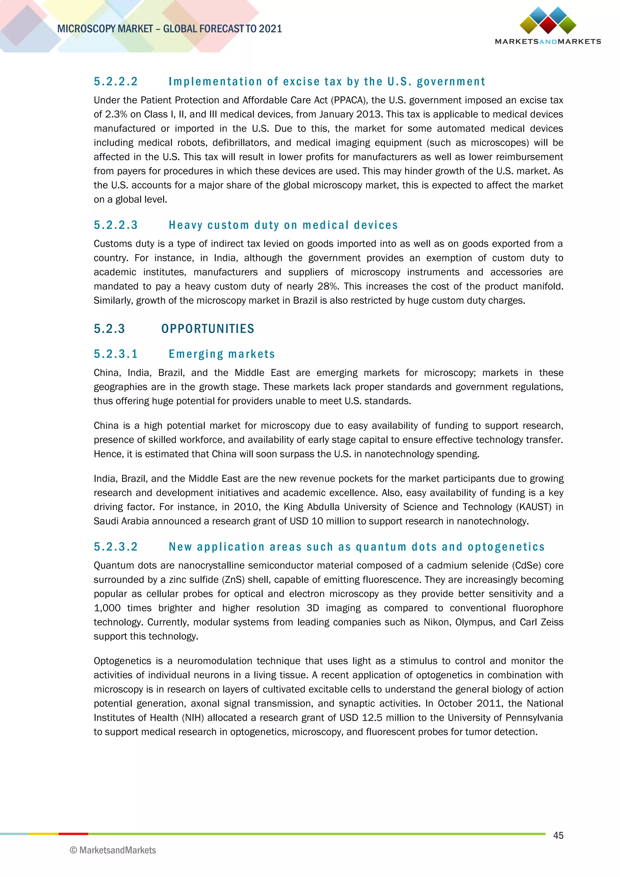 45
MICROSCOPY MARKET – GLOBAL FORECAST TO 2021
© MarketsandMarkets
5.2.2.2 Implementation of excise tax by the U.S. government
Under the Patient Protection and Affordable Care Act (PPACA), the U.S. government imposed an excise tax
of 2.3% on Class I, II, and III medical devices, from January 2013. This tax is applicable to medical devices
manufactured or imported in the U.S. Due to this, the market for some automated medical devices
including medical robots, defibrillators, and medical imaging equipment (such as microscopes) will be
affected in the U.S. This tax will result in lower profits for manufacturers as well as lower reimbursement
from payers for procedures in which these devices are used. This may hinder growth of the U.S. market. As
the U.S. accounts for a major share of the global microscopy market, this is expected to affect the market
on a global level.
5.2.2.3 Heavy custom duty on medical devices
Customs duty is a type of indirect tax levied on goods imported into as well as on goods exported from a
country. For instance, in India, although the government provides an exemption of custom duty to
academic institutes, manufacturers and suppliers of microscopy instruments and accessories are
mandated to pay a heavy custom duty of nearly 28%. This increases the cost of the product manifold.
Similarly, growth of the microscopy market in Brazil is also restricted by huge custom duty charges.
5.2.3 OPPORTUNITIES
5.2.3.1 Emerging markets
China, India, Brazil, and the Middle East are emerging markets for microscopy; markets in these
geographies are in the growth stage. These markets lack proper standards and government regulations,
thus offering huge potential for providers unable to meet U.S. standards.
China is a high potential market for microscopy due to easy availability of funding to support research,
presence of skilled workforce, and availability of early stage capital to ensure effective technology transfer.
Hence, it is estimated that China will soon surpass the U.S. in nanotechnology spending.
India, Brazil, and the Middle East are the new revenue pockets for the market participants due to growing
research and development initiatives and academic excellence. Also, easy availability of funding is a key
driving factor. For instance, in 2010, the King Abdulla University of Science and Technology (KAUST) in
Saudi Arabia announced a research grant of USD 10 million to support research in nanotechnology.
5.2.3.2 New application areas such as quantum dots and optogenetics
Quantum dots are nanocrystalline semiconductor material composed of a cadmium selenide (CdSe) core
surrounded by a zinc sulfide (ZnS) shell, capable of emitting fluorescence. They are increasingly becoming
popular as cellular probes for optical and electron microscopy as they provide better sensitivity and a
1,000 times brighter and higher resolution 3D imaging as compared to conventional fluorophore
technology. Currently, modular systems from leading companies such as Nikon, Olympus, and Carl Zeiss
support this technology.
Optogenetics is a neuromodulation technique that uses light as a stimulus to control and monitor the
activities of individual neurons in a living tissue. A recent application of optogenetics in combination with
microscopy is in research on layers of cultivated excitable cells to understand the general biology of action
potential generation, axonal signal transmission, and synaptic activities. In October 2011, the National
Institutes of Health (NIH) allocated a research grant of USD 12.5 million to the University of Pennsylvania
to support medical research in optogenetics, microscopy, and fluorescent probes for tumor detection.
 