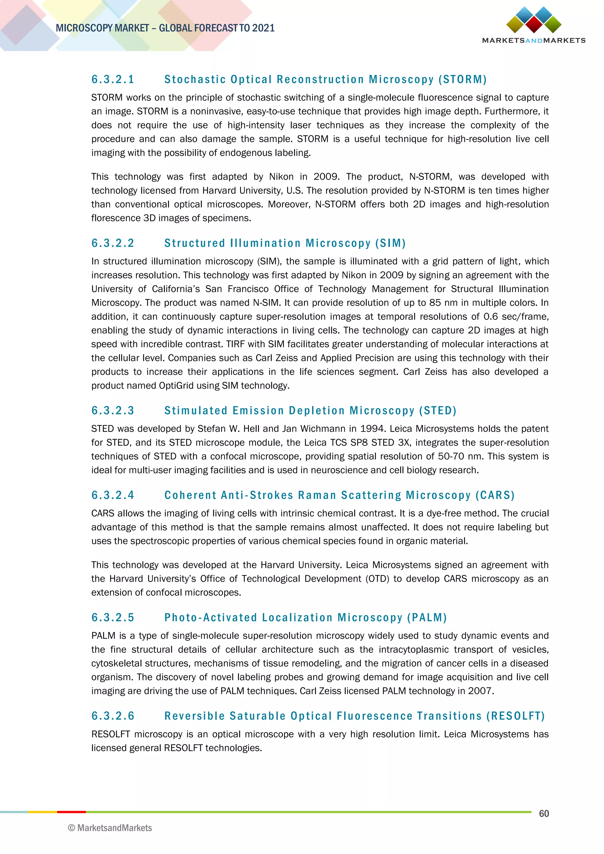 60
MICROSCOPY MARKET – GLOBAL FORECAST TO 2021
© MarketsandMarkets
6.3.2.1 Stochastic Optical Reconstruction Microscopy (STORM)
STORM works on the principle of stochastic switching of a single-molecule fluorescence signal to capture
an image. STORM is a noninvasive, easy-to-use technique that provides high image depth. Furthermore, it
does not require the use of high-intensity laser techniques as they increase the complexity of the
procedure and can also damage the sample. STORM is a useful technique for high-resolution live cell
imaging with the possibility of endogenous labeling.
This technology was first adapted by Nikon in 2009. The product, N-STORM, was developed with
technology licensed from Harvard University, U.S. The resolution provided by N-STORM is ten times higher
than conventional optical microscopes. Moreover, N-STORM offers both 2D images and high-resolution
florescence 3D images of specimens.
6.3.2.2 Structured Illumination Microscopy (SIM)
In structured illumination microscopy (SIM), the sample is illuminated with a grid pattern of light, which
increases resolution. This technology was first adapted by Nikon in 2009 by signing an agreement with the
University of California’s San Francisco Office of Technology Management for Structural Illumination
Microscopy. The product was named N-SIM. It can provide resolution of up to 85 nm in multiple colors. In
addition, it can continuously capture super-resolution images at temporal resolutions of 0.6 sec/frame,
enabling the study of dynamic interactions in living cells. The technology can capture 2D images at high
speed with incredible contrast. TIRF with SIM facilitates greater understanding of molecular interactions at
the cellular level. Companies such as Carl Zeiss and Applied Precision are using this technology with their
products to increase their applications in the life sciences segment. Carl Zeiss has also developed a
product named OptiGrid using SIM technology.
6.3.2.3 Stimulated Emission Depletion Microscopy (STED)
STED was developed by Stefan W. Hell and Jan Wichmann in 1994. Leica Microsystems holds the patent
for STED, and its STED microscope module, the Leica TCS SP8 STED 3X, integrates the super-resolution
techniques of STED with a confocal microscope, providing spatial resolution of 50-70 nm. This system is
ideal for multi-user imaging facilities and is used in neuroscience and cell biology research.
6.3.2.4 Coherent Anti-Strokes Raman Scattering Microscopy (CARS)
CARS allows the imaging of living cells with intrinsic chemical contrast. It is a dye-free method. The crucial
advantage of this method is that the sample remains almost unaffected. It does not require labeling but
uses the spectroscopic properties of various chemical species found in organic material.
This technology was developed at the Harvard University. Leica Microsystems signed an agreement with
the Harvard University’s Office of Technological Development (OTD) to develop CARS microscopy as an
extension of confocal microscopes.
6.3.2.5 Photo-Activated Localization Microscopy (PALM)
PALM is a type of single-molecule super-resolution microscopy widely used to study dynamic events and
the fine structural details of cellular architecture such as the intracytoplasmic transport of vesicles,
cytoskeletal structures, mechanisms of tissue remodeling, and the migration of cancer cells in a diseased
organism. The discovery of novel labeling probes and growing demand for image acquisition and live cell
imaging are driving the use of PALM techniques. Carl Zeiss licensed PALM technology in 2007.
6.3.2.6 Reversible Saturable Optical Fluorescence Transitions (RESOLFT)
RESOLFT microscopy is an optical microscope with a very high resolution limit. Leica Microsystems has
licensed general RESOLFT technologies.
 