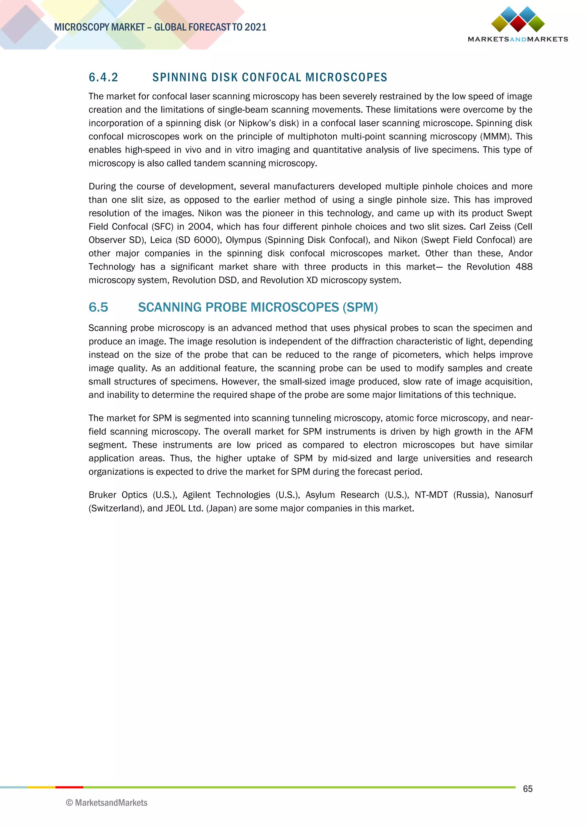 65
MICROSCOPY MARKET – GLOBAL FORECAST TO 2021
© MarketsandMarkets
6.4.2 SPINNING DISK CONFOCAL MICROSCOPES
The market for confocal laser scanning microscopy has been severely restrained by the low speed of image
creation and the limitations of single-beam scanning movements. These limitations were overcome by the
incorporation of a spinning disk (or Nipkow’s disk) in a confocal laser scanning microscope. Spinning disk
confocal microscopes work on the principle of multiphoton multi-point scanning microscopy (MMM). This
enables high-speed in vivo and in vitro imaging and quantitative analysis of live specimens. This type of
microscopy is also called tandem scanning microscopy.
During the course of development, several manufacturers developed multiple pinhole choices and more
than one slit size, as opposed to the earlier method of using a single pinhole size. This has improved
resolution of the images. Nikon was the pioneer in this technology, and came up with its product Swept
Field Confocal (SFC) in 2004, which has four different pinhole choices and two slit sizes. Carl Zeiss (Cell
Observer SD), Leica (SD 6000), Olympus (Spinning Disk Confocal), and Nikon (Swept Field Confocal) are
other major companies in the spinning disk confocal microscopes market. Other than these, Andor
Technology has a significant market share with three products in this market— the Revolution 488
microscopy system, Revolution DSD, and Revolution XD microscopy system.
6.5 SCANNING PROBE MICROSCOPES (SPM)
Scanning probe microscopy is an advanced method that uses physical probes to scan the specimen and
produce an image. The image resolution is independent of the diffraction characteristic of light, depending
instead on the size of the probe that can be reduced to the range of picometers, which helps improve
image quality. As an additional feature, the scanning probe can be used to modify samples and create
small structures of specimens. However, the small-sized image produced, slow rate of image acquisition,
and inability to determine the required shape of the probe are some major limitations of this technique.
The market for SPM is segmented into scanning tunneling microscopy, atomic force microscopy, and near-
field scanning microscopy. The overall market for SPM instruments is driven by high growth in the AFM
segment. These instruments are low priced as compared to electron microscopes but have similar
application areas. Thus, the higher uptake of SPM by mid-sized and large universities and research
organizations is expected to drive the market for SPM during the forecast period.
Bruker Optics (U.S.), Agilent Technologies (U.S.), Asylum Research (U.S.), NT-MDT (Russia), Nanosurf
(Switzerland), and JEOL Ltd. (Japan) are some major companies in this market.
 