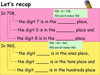 In 708, In 960, Let’s recap 700 + 8 = 708 700 and 8 makes 708 900 + 60 = 960 900 and 60 makes 960 the digit 7 is in the _______ place, the digit 0 is in the _______ place and the digit 8 is in the _______ place the digit _____ is in the ones place, the digit _____ is in the tens place and the digit _____ is in the hundreds place 