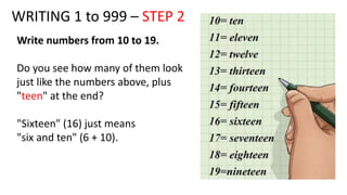 WRITING 1 to 999 – STEP 3
Count in tens from 20 to 90.
Here's how to write 20, 30, 40, and
so on all the way to 100.
You c...