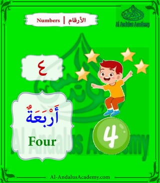 Al-AndalusAcademy.com
Numbers | ‫األرقام‬
Numbers | ‫األرقام‬
ٌ‫ة‬َ‫ع‬َ‫ب‬ْ‫ر‬َ‫أ‬
Four
4
 