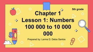 Chapter 1
Lesson 1: Numbers
100 000 to 10 000
000
Prepared by: Lerma D. Delos Santos
5th grade
 