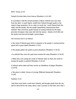 PETT, "Verses 31-34
Yahweh Provides Meat From Heaven (Numbers 11:31-35).
In accordance with His second promise to Moses Yahweh now sent meat
from the skies. A ruach (spirit, wind) from Yahweh brought quails to the
camp in huge quantities. So in a play on words the ‘ruach’ blessed both the
elders and the people. But the people immediately demonstrated their
unbelief. They stored the quails instead of trusting Yahweh for His daily
provision (compare what some did with the manna - Exodus 16:19-20) and
the quails went bad and brought a great plague.
The structure here is as follows:
a The wind of Yahweh goes forth in response to the people ’s craving and the
quails fall in great depth (Numbers 11:31).
b The people gather the quails in great abundance (Numbers 11:32 a).
c In unbelief they store the quail meat around the camp (Numbers 11:32 b).
c While they were eating the wrath of Yahweh came on them, the result of
storing the quails in unbelief (Numbers 11:33 a).
b Yahweh smites them and they receive an abundance of plague (Numbers
11:33 b).
a The place is called ‘Graves of craving’ (Kibroth Hattaavah) (Numbers
11:34).
Numbers 11:31
‘And there went forth a wind from Yahweh, and brought quails from the sea,
and let them fall by the camp, about a day’s journey on this side, and a day’s
202
 