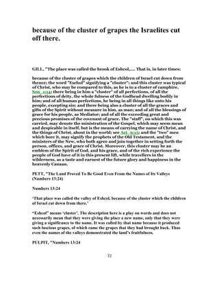 because of the cluster of grapes the Israelites cut
off there.
GILL, "The place was called the brook of Eshcol,.... That is, in later times:
because of the cluster of grapes which the children of Israel cut down from
thence; the word "Eschol" signifying a "cluster"; and this cluster was typical
of Christ, who may be compared to this, as he is to a cluster of camphire,
Son_1:14; there being in him a "cluster" of all perfections, of all the
perfections of deity, the whole fulness of the Godhead dwelling bodily in
him; and of all human perfections, he being in all things like unto his
people, excepting sin; and there being also a cluster of all the graces and
gifts of the Spirit without measure in him, as man; and of all the blessings of
grace for his people, as Mediator; and of all the exceeding great and
precious promises of the covenant of grace. The "staff", on which this was
carried, may denote the ministration of the Gospel, which may seem mean
and despicable in itself, but is the means of carrying the name of Christ, and
the things of Christ, about in the world; see Act_9:15; and the "two" men
which bore it, may signify the prophets of the Old Testament, and the
ministers of the New, who both agree and join together in setting forth the
person, offices, and grace of Christ. Moreover, this cluster may be an
emblem of the Spirit of God, and his grace, and of the rich experience the
people of God have of it in this present lift, while travellers in the
wilderness, as a taste and earnest of the future glory and happiness in the
heavenly Canaan.
PETT, "The Land Proved To Be Good Even From the Names of Its Valleys
(Numbers 13:24)
Numbers 13:24
‘That place was called the valley of Eshcol, because of the cluster which the children
of Israel cut down from there.’
“Eshcol” means ‘cluster’. The description here is a play on words and does not
necessarily mean that they were giving the place a new name, only that they were
giving a significance to the name. It was called by that name because it produced
such luscious grapes, of which came the grapes that they had brought back. Thus
even the names of the valleys demonstrated the land’s fruitfulness.
PULPIT, "Numbers 13:24
72
 