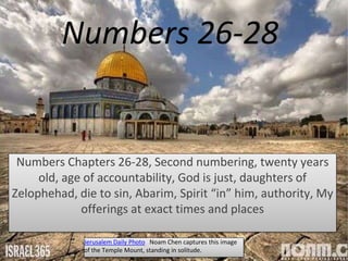 Numbers 26-28
Numbers Chapters 26-28, Second numbering, twenty years
old, age of accountability, God is just, daughters of
Zelophehad, die to sin, Abarim, Spirit “in” him, authority, My
offerings at exact times and places
Jerusalem Daily Photo Noam Chen captures this image
of the Temple Mount, standing in solitude.
 