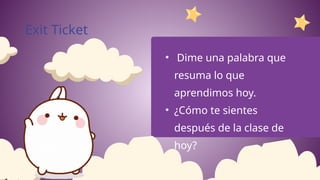 • Dime una palabra que
resuma lo que
aprendimos hoy.
• ¿Cómo te sientes
después de la clase de
hoy?
Exit Ticket
 