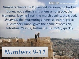 Numbers chapter 9-11, Second Passover, no broken 
bones, not eating is sin, aliens among you, the 
trumpets, leaving Sinai, the march begins, the cloud, 
shekinah, the murmurings increase, Paran, garlic, 
cucumbers, Rabbi gives the name of Messiah, 
Yehoshua, Yeshua, Joshua, Jesus, tachu, quickly 
Numbers 9-11 
 