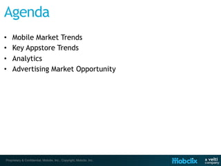 •    Mobile Market Trends
•    Key Appstore Trends
•    Analytics
•    Advertising Market Opportunity




 Proprietary & Confidential, Mobclix, Inc., Copyright, Mobclix, Inc.
 