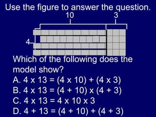 Use the figure to answer the question. Which of the following does the model show? A. 4 x 13 = (4 x 10) + (4 x 3) B. 4 x 13 = (4 + 10) x (4 + 3) C. 4 x 13 = 4 x 10 x 3 D. 4 + 13 = (4 + 10) + (4 + 3) 10 4 3 