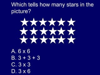 Which tells how many stars in the picture? 6 x 6 3 + 3 + 3 3 x 3 3 x 6  