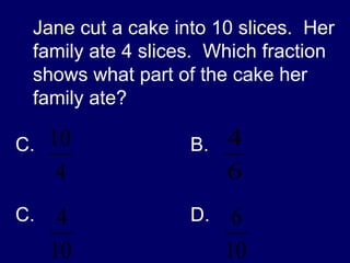 Jane cut a cake into 10 slices.  Her family ate 4 slices.  Which fraction shows what part of the cake her family ate? B. C.  D.  
