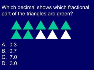 Which decimal shows which fractional part of the triangles are green? A.  0.3 B.  0.7 C.  7.0 D.  3.0 