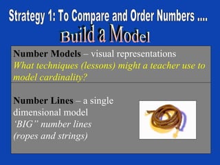 Number Models  – visual representations What techniques (lessons) might a teacher use to model cardinality? Number Lines  – a single dimensional model ‘ BIG” number lines (ropes and strings) Build a Model Strategy 1: To Compare and Order Numbers …. 