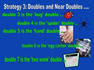 Strategy 3: Doubles and Near Doubles …. double 3 is the 'bug' double ... double 4 is the 'spider' double ... double 5 is the 'hand' double ... double 6 is the 'egg carton' double ... double 7 is the 'two week' double ... 