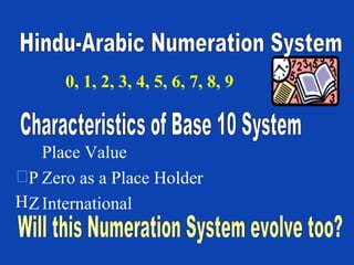    Place Value    Zero as a Place Holder    International 0, 1, 2, 3, 4, 5, 6, 7, 8, 9 Hindu-Arabic Numeration System Characteristics of Base 10 System Will this Numeration System evolve too? 