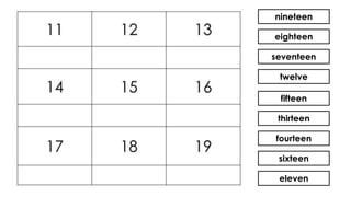 nineteen
eighteen
seventeen
twelve
fifteen
thirteen
fourteen
sixteen
eleven