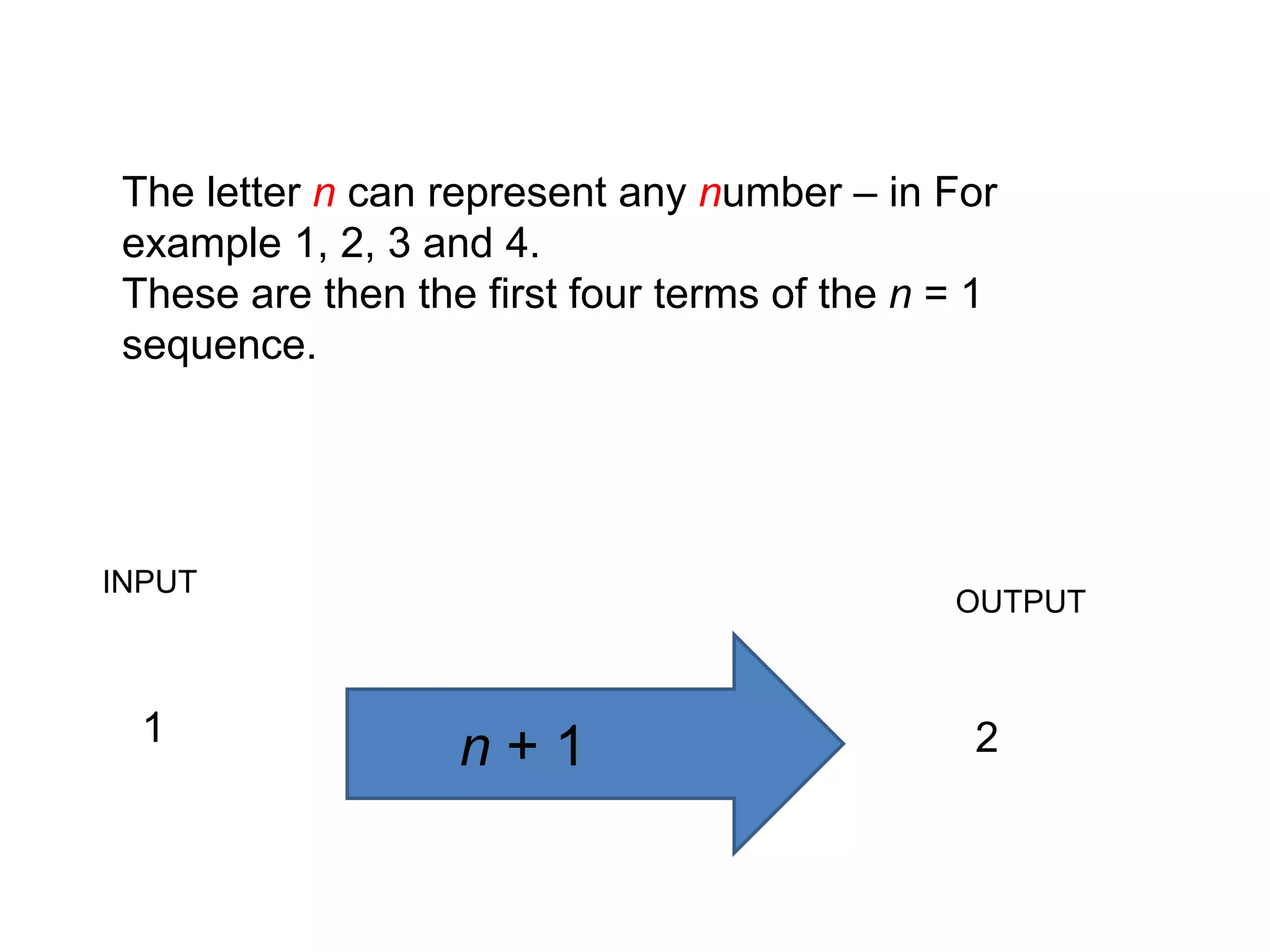 The letter ncan represent any number – in For example 1, 2, 3 and 4. These are then the first four terms of the n = 1 sequence.INPUTOUTPUT1n + 12